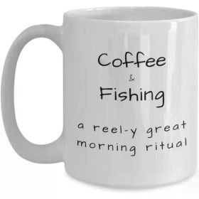 1pc "Coffee & Fishing" 11oz White Ceramic Mug - Ideal Gift for Fishermen & Enthusiasts, Funny Novelty Cup with
