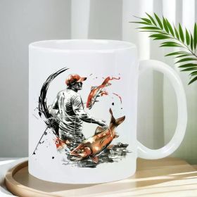1pc Vibrant Fishing Scene Ceramic Mug - Reusable, Thermally Insulated White Coffee Cup with Artistic Fisherman