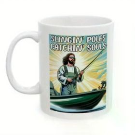 11OZ Funny Jesus Fishing Mug - Slingin' Poles Catchin' Souls Fisher of Men Church Camp Coffee Cup - Christian Design