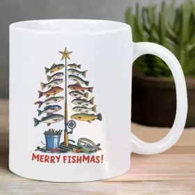 MERRY FISHMAS Fishing-Themed Ceramic Coffee Mug, Reusable, Double-Sided, Insulated, Hand-Wash Only,