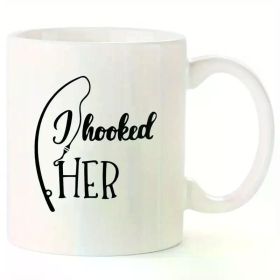 1pc "He Caught Me" Ceramic Coffee Mug, 11oz - Fishing Design with Hook & Line Art - Perfect Wedding Gift for