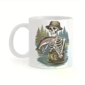 11oz Ceramic Fishing Mug for Men - Funny Skeleton Fisherman Design with Pine Trees & Fish, Durable Coffee Cup