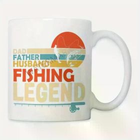 Dad Father Husband Fishing Legend 11oz Ceramic Coffee Mug - Bass Fisherman Design with Sunrise & Fish Silhouette