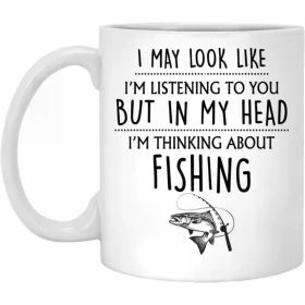 1pc Q.PaddyShops 11oz Insulated Ceramic Fishing Mug - "Thinking About Fishing" Humorous Quote with Fish