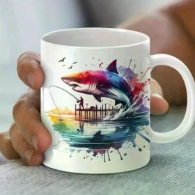 1pc Ceramic Mug Vibrant Shark Fishing Digital Mug - Valentine'S Day Gift for Special Someone,
