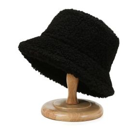 2021 Women's Harajuku Bucket Hat Solid Color Women Men Fishing Fisherman Hats Autumn Winter Lamb Wool Outdoor Warm Panama Cap (Color: black, Ships From: China)
