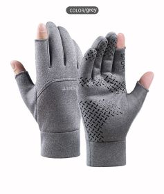 Winter Fishing Gloves Women Men Universal Keep Warm Fishing Protection Anti-slip Gloves 2 Cut Fingers Outdoor Angling (Color: GRAY, size: M)