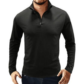 Men's Casual Polo Shirts 1/4 Zip Long Sleeve Shirt Outdoor Stand Up Collar Slim Fit Shirts (Color: black, size: small)