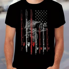 Retro Style Fishing Rod And Innovative American Flag Pattern Round Neck And Short Sleeved T-shirt (Color: black, size: L)