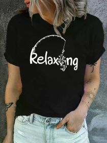 Leisure Relaxing Fishing Print Crew Neck T-Shirt, Casual Short Sleeve T-Shirt For Spring & Summer, Women'S (Color: black, size: S)