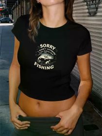 "Sorry I'm Fishing" Graphic Tee - Soft Pink Short Sleeve Crop Top (Color: black, size: XXXL)