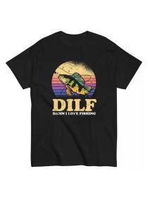 DILF Damn I Love Fishing Fisherman Funny Fishing T-Shirt, Regular-Fit, Family T-shirt (Color: black, size: S)