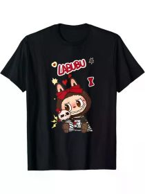 Labubu Cartoon Applique T-Shirt, 100% Cotton Crew Neck Short Sleeve Top for Men, Casual Sports Tee for Running, Yoga, Fishing (Color: black, size: XL)