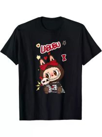 Labubu Cartoon Applique T-Shirt, 100% Cotton Crew Neck Short Sleeve Top for Men, Casual Sports Tee for Running, Yoga, Fishing (Color: black, size: L)