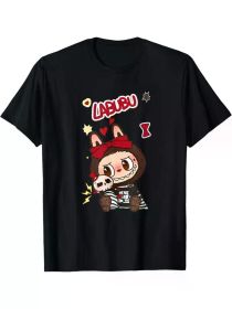 Labubu Cartoon Applique T-Shirt, 100% Cotton Crew Neck Short Sleeve Top for Men, Casual Sports Tee for Running, Yoga, Fishing (Color: black, size: S)