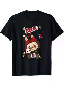 Labubu Cartoon Applique T-Shirt, 100% Cotton Crew Neck Short Sleeve Top for Men, Casual Sports Tee for Running, Yoga, Fishing (Color: black, size: XXXL)