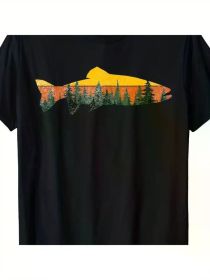Men'S Cotton Fly Fishing T-Shirt - Breathable, Quick-Dry Crew Neck with Geometric Print for (Color: black, size: XL)