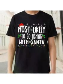 Men's Funny "Most Likely to Go Fishing with Santa" Christmas T-Shirt - Black, Breathable Cotton, Casual Sporty Style (Color: black, size: L)