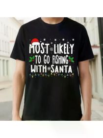 Men's Funny "Most Likely to Go Fishing with Santa" Christmas T-Shirt - Black, Breathable Cotton, Casual Sporty Style (Color: black, size: S)