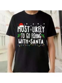 Men's Funny "Most Likely to Go Fishing with Santa" Christmas T-Shirt - Black, Breathable Cotton, Casual Sporty Style (Color: black, size: M)