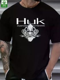 Men's HUK Performance Fishing Pattern T-Shirt - 100% Cotton, Black, with Raging Fish Design, Casual Summer Outdoor Wear (Color: black, size: M)
