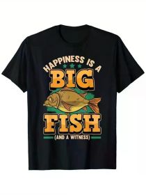 Men's 100% Cotton Fishing Humor T-Shirt - "Happiness Is A Big Fish And A Witness" Graphic, Casual Crew Neck, (Color: black, size: XXL)