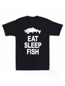 Eat Sleep Fish Graphic Men's T-Shirt - 100% Cotton, Casual Crew Neck, Short Sleeve, Funny Fishing Lover Gift for Father's Day (Color: black, size: L)