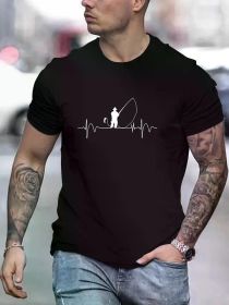 1pc Men'S Cotton Crew Neck T-Shirt with Fishing Adventure Graphic - Geometric-Patterned, Breathable & Lightweight (Color: black, size: XXL)