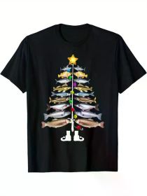 Happy Fish Christmas Tree T-Shirt | 100% Cotton, Soft & Comfortable | Fun Fishing Graphic with Colorful Lights & Star Top (Color: black, size: M)