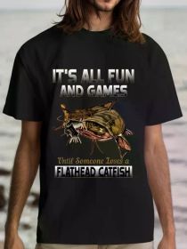 180G Pure Cotton Single-Sided Printed Round Neck T-Shirt Flat Head Catfish Fishing Shirt Freshwater Fish Shirt Gift (Color: black, size: XXL)