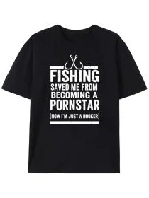 Men's Cotton Fishing Tee - Casual Round Neck, Short Sleeve with Geometric Print | Perfect Gift for Fishermen (Color: black, size: L)
