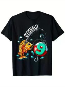 O'fishally 9th Birthday Fishing Graphic T-Shirt - 100% Cotton, Black Short Sleeve with Fun (Color: black, size: XL)