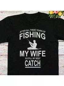 Funny fishing print casual t-shirt, men's crew neck short sleeves, soft and breathable, comfortable clothing for outdoor sports (Color: black, size: XL)