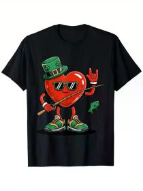 Men's St. Patrick's Day Heart and Clover Pattern T-Shirt - 100% Cotton, Black Short Sleeves, Fun Fishing Design, with Cuckold and Stylish Glasses (Color: black, size: XXL)