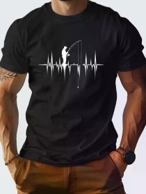 1 pc, 100% cotton T-shirt, Silhouette Fishing Design Comfort version of cotton men's T-shirt (Color: black, size: M)