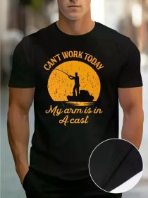Men's Casual 100% Cotton Short Sleeve T-Shirt - "Can't Work Today, My Arm is in a Cast" Fishing Graphic Design, Black with Yellow Sunset Print (Color: black, size: XXL)