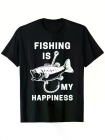 Funny Fishing 'My Happiness' T-Shirt - 100% Cotton, Crew Neck, Black, (Color: black, size: M)