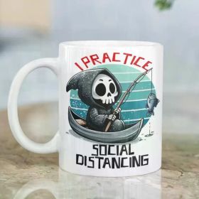 1pc 11oz "Practice Social Distancing" Ceramic Coffee Mug with Fishing Skeleton Design, Hot or Cold Beverage Friendly, (Color: White)