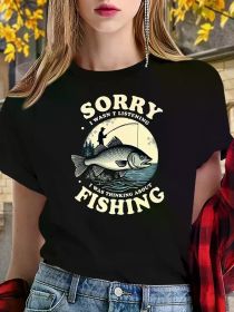 Women's Red Graphic Tee - "Sorry I Can't Hear You, I Was Thinking About Fishing" Design, (Color: black, size: M)