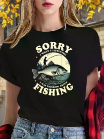 Women's Red Graphic Tee - "Sorry I Can't Hear You, I Was Thinking About Fishing" Design, (Color: black, size: XL)