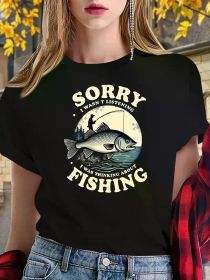 Women's Red Graphic Tee - "Sorry I Can't Hear You, I Was Thinking About Fishing" Design, (Color: black, size: XXL)