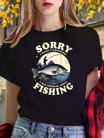 Women's Red Graphic Tee - "Sorry I Can't Hear You, I Was Thinking About Fishing" Design, (Color: black, size: XXXL)