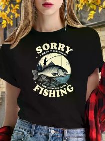 Women's Red Graphic Tee - "Sorry I Can't Hear You, I Was Thinking About Fishing" Design, (Color: black, size: S)