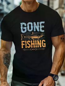 1 pc, 100% cotton T-shirt, plus size men's summer T-shirt, Gone Fishing vintage style pattern printed short sleeve T-shirt (Color: black, size: L)