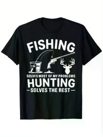 Men's Cotton T-Shirt | 'Fishing Solves Most of My Problems' Graphic Print | Breathable & Machine Washable | Casual Crew (Color: black, size: XXXL)