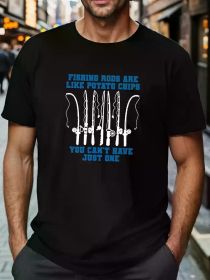 Plus Size Fishing Rod Graphic T-Shirt, 100% Cotton, Crew Neck, Short Sleeve, Regular Fit, Breathable, Moisture-Wicking (Color: black, size: M)