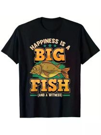 Happiness Is A Big Fish And A Witness Fishermen Fishing T-Shirt, 100% cotton, fiashing novelty style t-shirt, 180g, crew neck, (Color: black, size: XL)